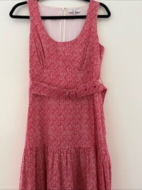 Parker Red and White Printed Sleeveless Belted Midi Dress